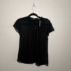 Express Black Sheer Short Sleeve Blouse with Ruffled Neckline Size M